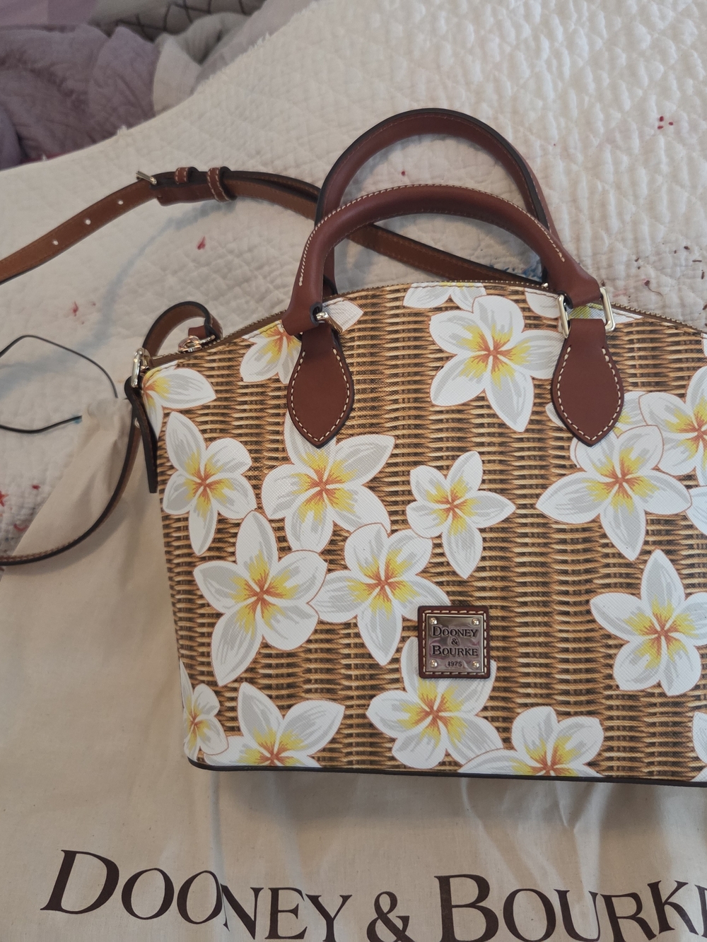 Dooney & Bourke Brown Floral Satchel with White & Yellow Flowers